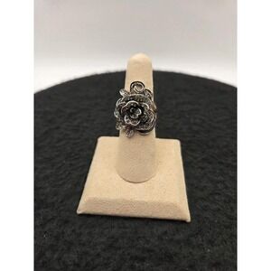 Retro Black Rose Flower Crystal Ring Silver Tone US Size 6.75 N